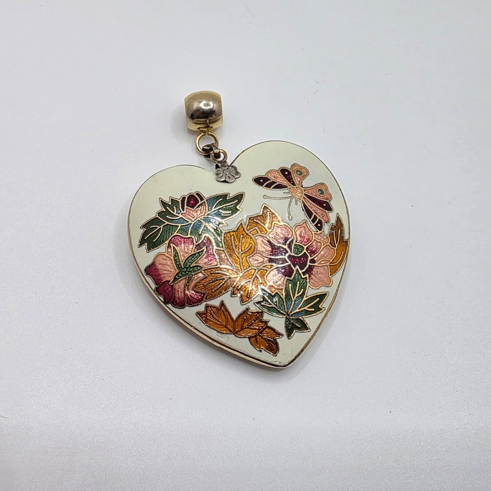 Vintage Cloisonne Heart Pendant Necklace Butterfly Floral Fuchsia Gold Tone 30"